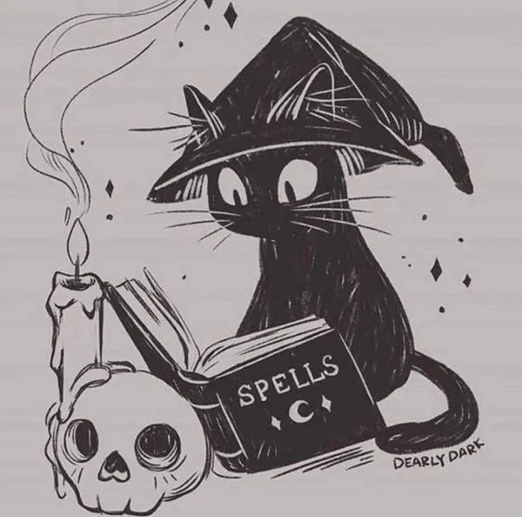 A black kitten drawn with a wizards hat