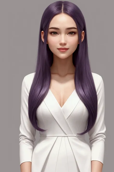 Create a modern young female avatar with gentle purple and white color scheme. She has a warm, inviting smile and bright, attentive eyes. Her hair is flowing and dynamic, incorporating subtle gradient transitions from white to soft purple. Her appearance s...