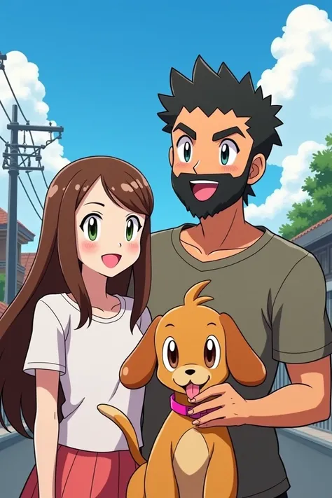 "An anime-style illustration inspired by the Pokémon franchise, featuring a cheerful couple and their dog. The woman has long, straight brown hair, light skin, and a radiant smile. The man has short dark hair, light brown skin, big eyebrows, droopy eyes, b...