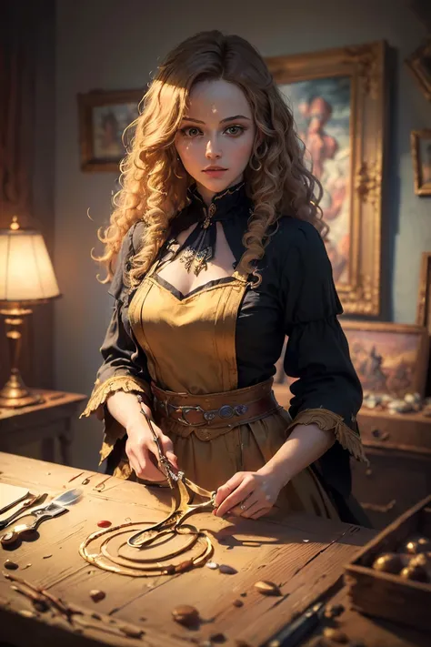 ( best quality,  masterpiece: 1:2), HD, photorealism, best quality, HD, young woman,  long hair, Curly,  black high-necked clothing , fantasy clothes,  holds gold-decorated tailors scissors in his hand, poses with scissors ,  is spun with several glowing t...