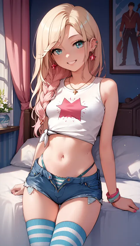 score_9, score_8_up, score_7_up, score_6_up, rating_safe, (masterpiece, best quality), 1girl, small breasts, small hips, pull up crop top, unzipped denim shorts, sexy underwear, bedroom, striped thighhighs, pervert, playful smile