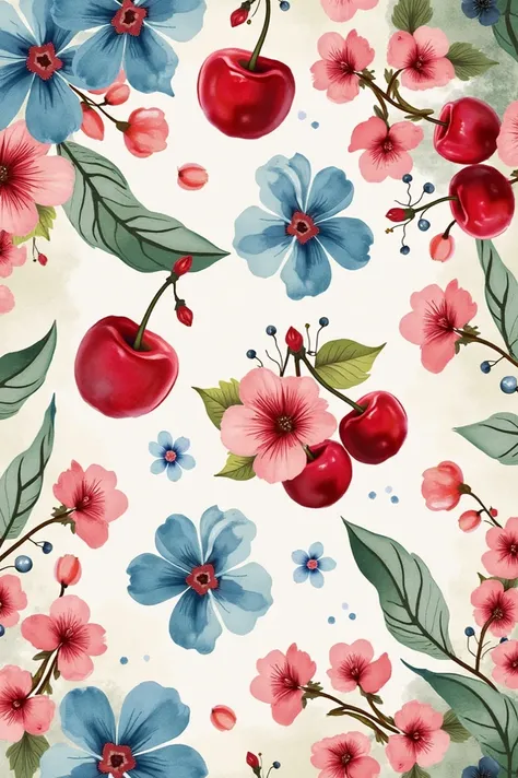 Create a whimsical watercolor pattern featuring vibrant red cherries, delicate pink blossoms, and soft blue flowers scattered across a light textured background. The design should evoke a cheerful spring vibe with lush green leaves complementing the floral...