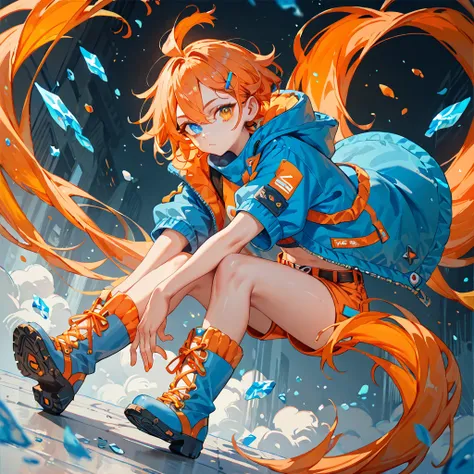  full-length girl, square, , the left half of the head is blue,  right orange , left eye blue , right eye orange,  in short shorts half orange and half blue,  in a top half orange half blue , in blue and orange long high boots , sexy