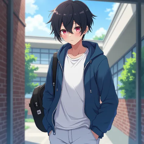  19-year-old boy ,  white t-shirt,blue sweatshirt ,white jeans ,  black sneakers  , Anime style, Black hair ,  high definition,  Red eyes, japanese school,hair over one eys