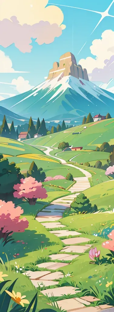 A -friendly anime-style illustration showing a clear winding path leading up to a golden mountain peak on the left. The path is well-defined and visible, surrounded by colorful flowers and cute animals, with a cheerful sky in the background.