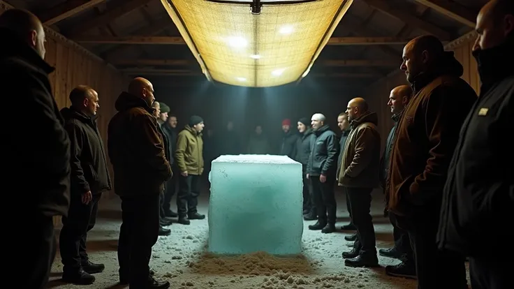 On a wooden site in Antarctica, cold and dark ,  a large rectangular block of ice is covered by a canvas ,  partially revealing what is being thawed .  The most intense light comes from the ceiling ,  directly above the ice block ,  emitting a faint, yello...