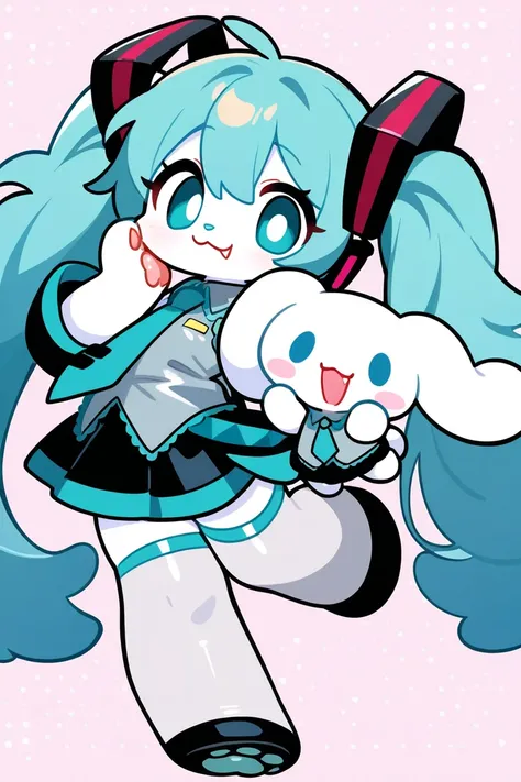 1girl, Hatsune Miku, sanrio, cinnamoroll, shiny textures, detailed textures, looking at viewer, one hand on face, standing on one leg, :3, fang, fang out, sleeveless shirt, light blue hair, puffy shirt, detached sleeves, hair ornament, hair ribbon, bangs, ...