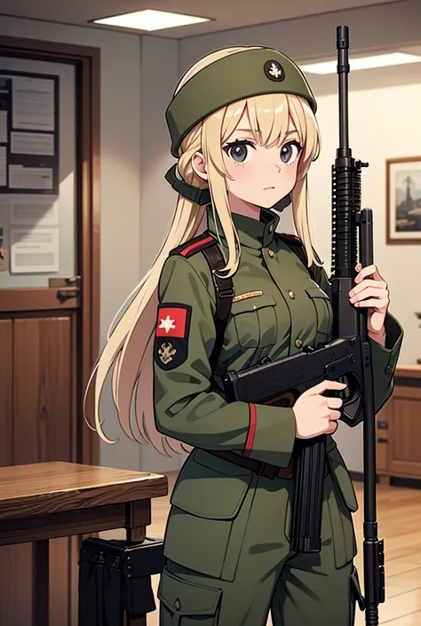 masterpiece, best quality, solo, world war ii, indoors, A German soldier anime girl, blonde hair, black eyes, wearing a German soldier uniform, M35 Stahlhelm, M36 Tunic, Insignia, M43 Field Pants, Outerwear, Equipment, Primary Firearm: Kar98k bolt-action r...