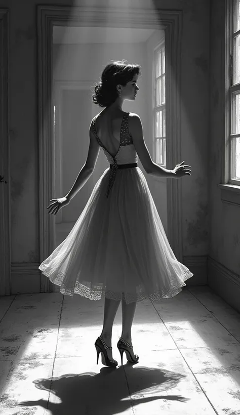 The image features a beautiful, black and white, vintage textured illustration of a beautiful 1950s woman, dressed in typical dress of the time, very sad, dancing softly in an empty house. Nostalgic image.
