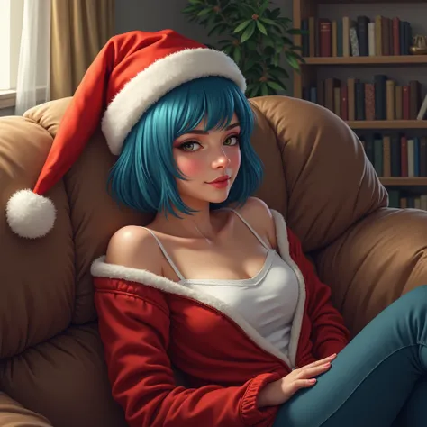  Genere une femme hyper realiste avec pleins de details les cheveux courts bleus avec un bonnet de noel et alongée sir son canapé