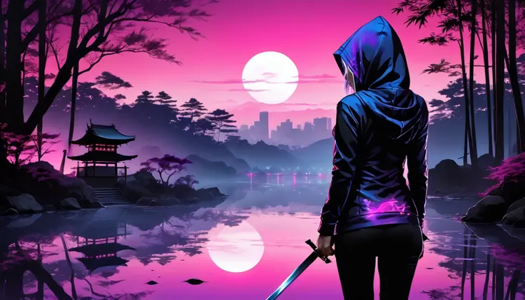 8k,masterpiece,best quality, ((( silhouette art:1.4))), a stylish and sexy ninja hoodie that shows off her cleavage and thighs, (Double Exposure:1.3), Bright violet and silver hair with pink streaked, Japanese garden with bamboo grove,wields an infernal Gr...