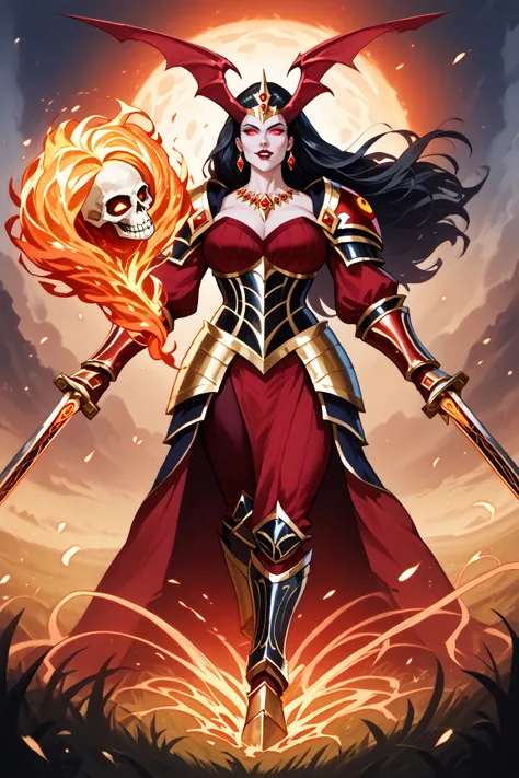 A dark, fantasy-inspired character stands in a vast, open plain under a dramatic sky illuminated by soft golden light. The figure has pale skin, long flowing black hair, and glowing red eyes that exude an aura of power and menace. They are clad in ornate, ...