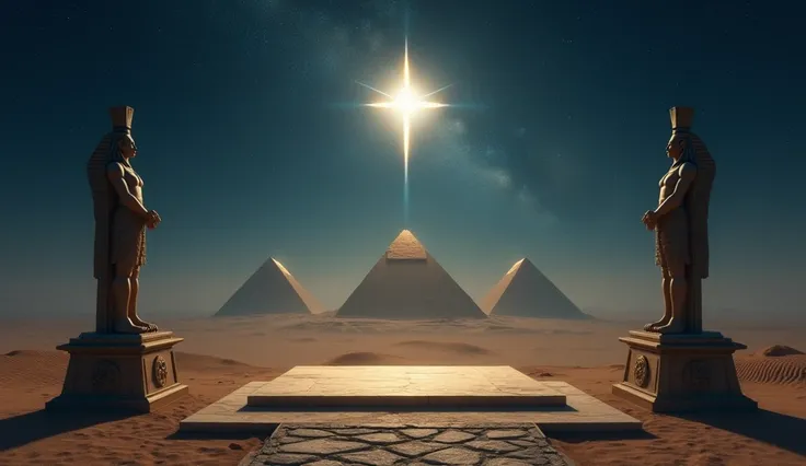 General plan of the Egyptian desert ,  the pyramids in the background about 50 meters ,  the starry sky and a large star in the center.  A square platform of 8x8 meters . a statue  "giant"  of an Egyptian God on the right and another on the left .  mystica...