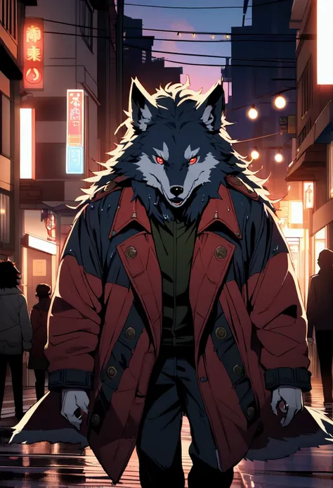 (Best detail,  anatomy)  animated, hairy wolf,  walking around town , (Evening,  bright lights , urban environment), (dynamic framing, fierce expression,  messy hair ), ( bright red eyes, detailed coat), ( Colored spots , wet streets), (Focal point on the ...