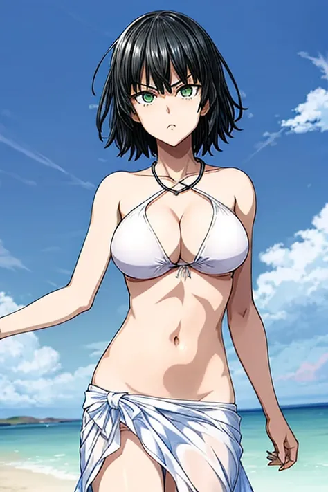 fubuki, white bikini with white skirt, pouting