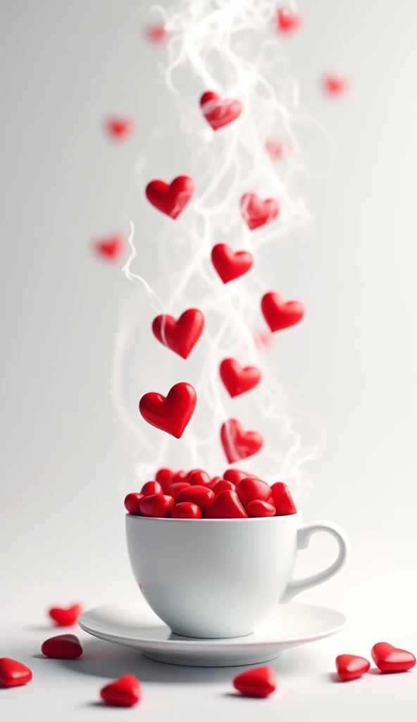 A imagem mostra uma cup de café branca com um pires do mesmo material. A cup está cheia de hearts reds e há uma nuvem de smoke branca saindo dela, com mais hearts reds pairando acima. O fundo é White e há alguns hearts reds espalhados ao redor da cup. A im...