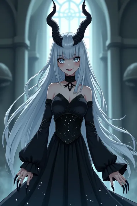  Create a monster woman , ( in anime style)  Her long snow-white hair falls like a cloak over her shoulders and back, Always impeccable,  as if dirt were afraid to touch her .  Her eyes are two black slits ,  with bright white irises that seem to see strai...