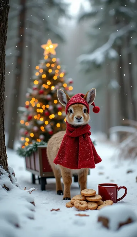 Un adorable bébé renne, portant une écharpe rouge avec des pompons, est sur un traîneau tiré par de plus gros rennes dans une forêt enneigée. Le sapin de Noël au loin est orné de décorations dorées et détoiles scintillantes. Près du traîneau, il y a une pi...