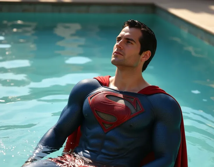 a muscular attractive h3nr4, Henry Cavil with Short stubble, muscular thighs, Shirtless, illuminated by bright, natural light, wearing a Superman suit, eyes closed, dressed with a blue Superman costume, relaxing in the swimming pool. Mental health concept