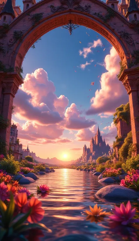 A 3D movie poster in Disney-Pixar style of A symbolic image of the seventh day, perhaps with a tranquil scene, depicting Gods rest after creation. It can be an image of peace, with a calm and serene horizon.