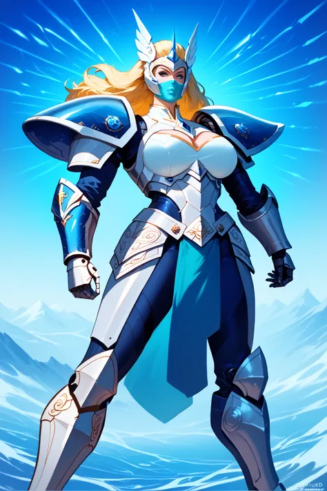 A futuristic warrior clad in sleek, spiked armor stands confidently, exuding strength and authority. The armor is predominantly white with light blue crystalline accents, designed with an angular and symmetrical aesthetic. Small, evenly spaced spikes cover...