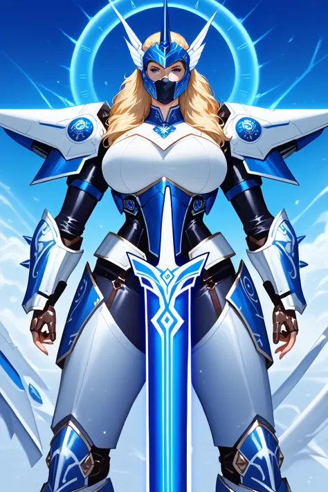 A futuristic warrior clad in sleek, spiked armor stands confidently, exuding strength and authority. The armor is predominantly white with light blue crystalline accents, designed with an angular and symmetrical aesthetic. Small, evenly spaced spikes cover...