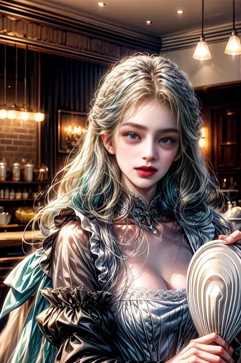  robot girl with human appearance, long silver hair, light blue eyes with beautiful woman, long black hair, 23 years old, Cafe,  Maid with barista dress , Two women, Lesbian couple , coffee shop, Bright tone, เสื้อผ้าmodern, modern, Cafe background , Diffe...