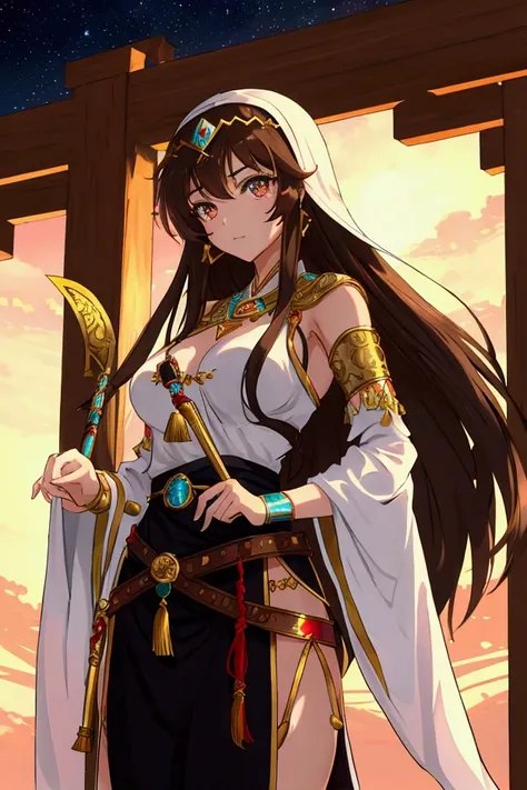 Bishoujo anime arabian princess wearing an arabian costume has long dark Brown hair and hazel eyes carries a dagger in her belt