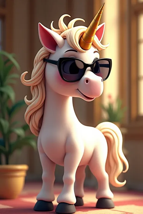 Create a unicorn in a sophisticated and luxurious cartoon 
Wearing sunglasses