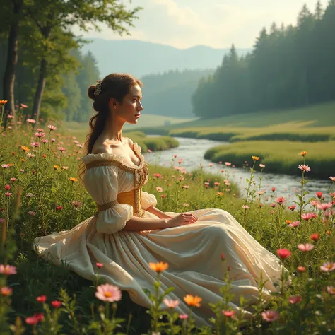 18th century woman In a beautiful field with beautiful flowers, forest and rivers of water