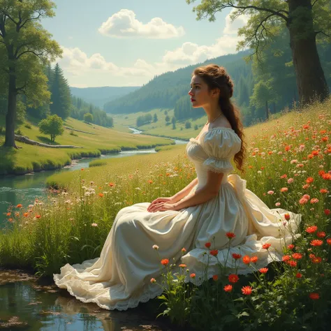 18th century woman In a beautiful field with beautiful flowers, forest and rivers of water