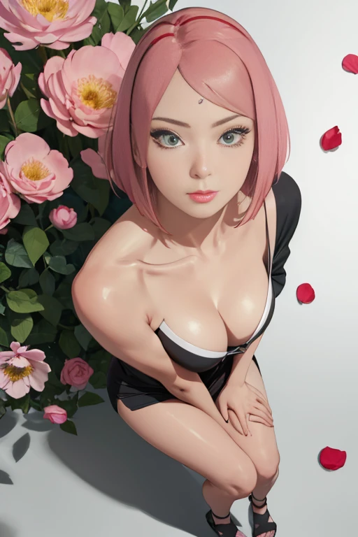 masterpiece, absurdres, sakura(Boruto),  1girl, One, mature woman,  unbuttoned shirt,  naked chest ,  without underwear  , Loss of clothing, looks at flower petals), perfect ,  in detail lips,  big breasts ,  Pretty face , body proportion ,  red , ( ),  Sh...