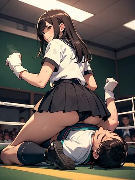 masterpiece, best quality,1 beautiful woman vs 1 man, bully woman thighs-choke her male opponent whos face is lying on his back in a mounted position, press dump crotch and hit with fist half-glove, school sports tops bloomers costume active fighter, schoo...