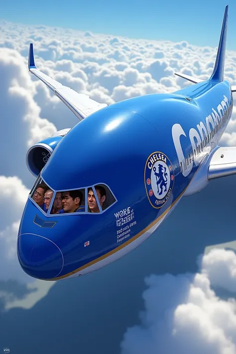 Animated huge plane carrying Chelsea men football team 