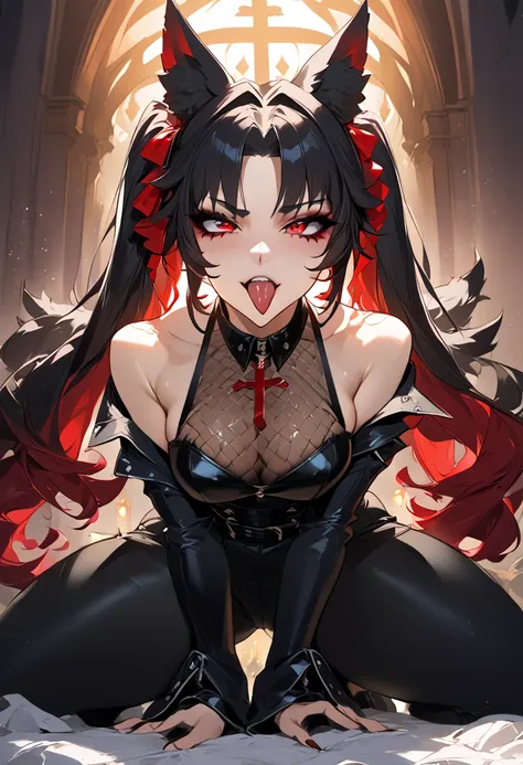 beautiful anime woman wearing a black military trench coat, tight black jeans pants, wolf ears, wolf tail, half wolf and half human, red eye color, black hair in a ponytail, light novel art, detailed anime art, anime, regal, royal, sexy, thicc, beautiful f...