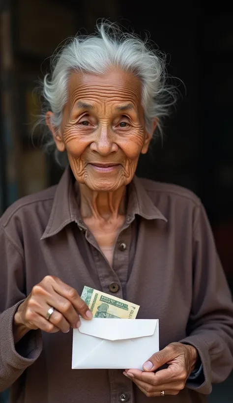 a 70 year old Indonesian grandmother with a thin body, simple clothes, white hair, brown skin, putting rupiah money into a small white envelope HDR UlTRA, 4K Realistis