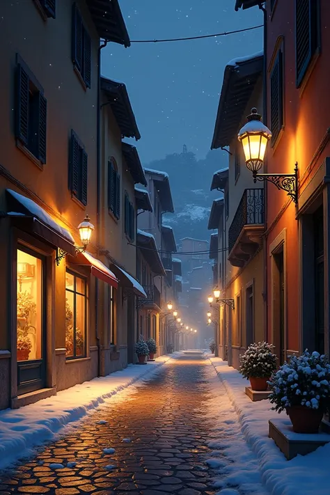 A picture of a street in Rome at night in winter