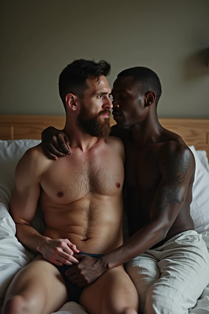 Messi naked with two blacks on a bed