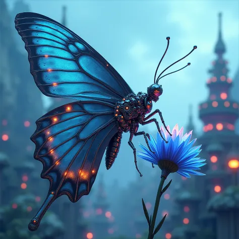 a mechanical butterfly, metallic flowers, drinking nectar, metal world, mechanical world, unreal, blue sky, (best quality,4k,8k,highres,masterpiece:1.2),ultra-detailed,(realistic,photorealistic,photo-realistic:1.37),intricate mechanical details,gears,cogs,...