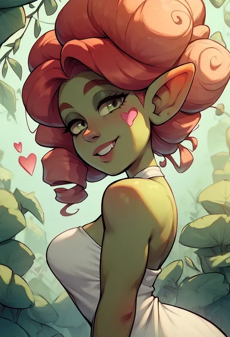 score_9, score_8_up, score_7_up, score_6_up, side view, pretty green goblin woman with long curly red hair flirting and bites her lips, sexy pose, horny face, green eyes, closeup, attractive smile, (((heart shape))), barely transparent summer dress, perfec...