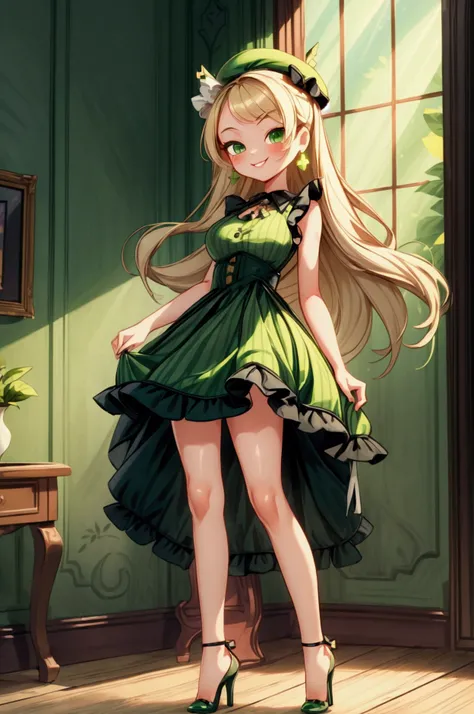 (masterpiece, best quality) 1 girl(Landscape: standing, indoor, intricate detail, sunlight) (Outfit: black and green frilly striped dress, high heels, earrings, beret) (Body: white blonde long hair, green eyes, teen gorgeous body, gorgeous legs, pronounced...