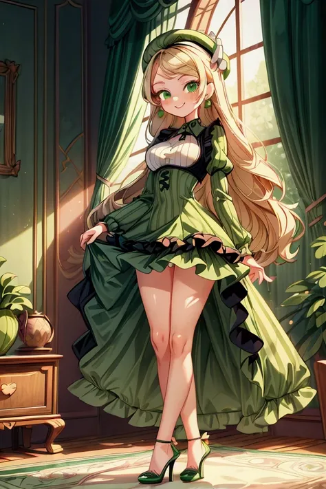 (masterpiece, best quality) 1 girl(Landscape: standing, indoor, intricate detail, sunlight) (Outfit: black and green frilly striped dress, high heels, earrings, beret) (Body: white blonde long hair, green eyes, teen gorgeous body, gorgeous legs, pronounced...