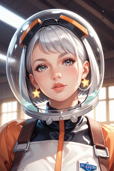 (farm in front of a stable: 1.2) (Short white silver hair: 1.1) (gray eyes: 1.2) (Space helmet: 1.0) (Colorful stars in the eyes: 1.0) (A radiant glow:1.1) (full lips: 0.9) (scientists outfit) 1.2