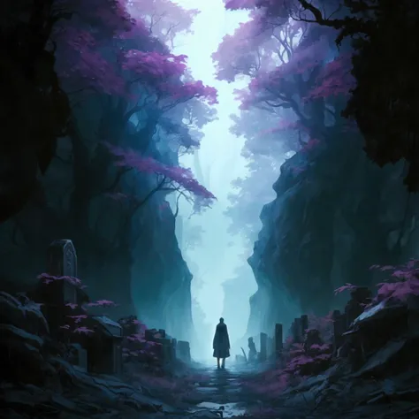 Beautiful real forest with one grave top angle view real, dark atmosphere, dark world, anime vibe, The theme is mystical, mysterious and dark, with elements that evoke a parallel or supernatural world. The passage may be hidden in a dense forest or between...