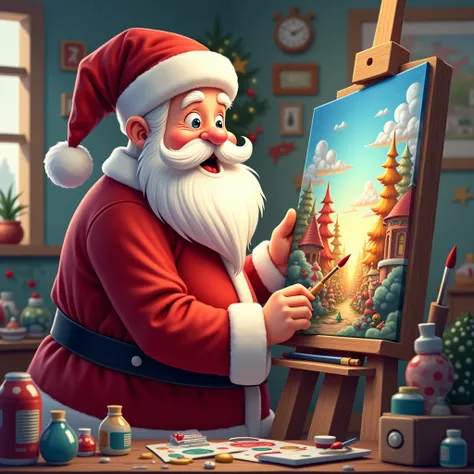 cartoon santa paints a picture with colors, illustration,  high detail, 8 k