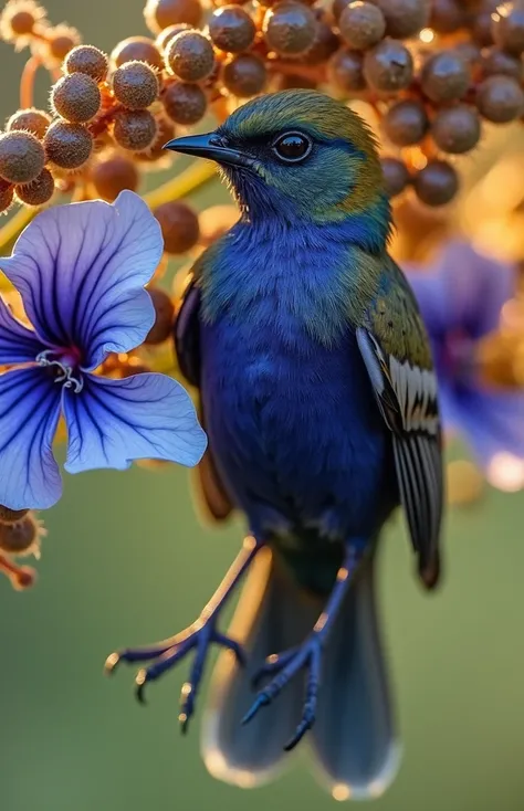 A captivating close-up of a gorgeous little bird illuminated by soft golden light on a peaceful morning, with vibrant bouquet balls gently framing its delicate form..