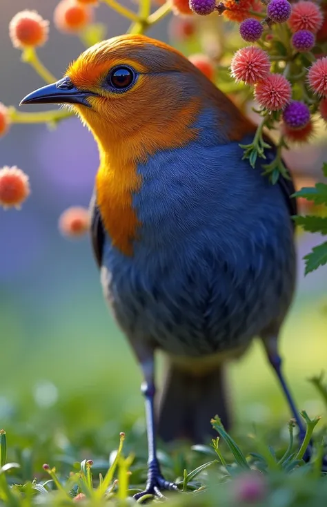 A captivating close-up of a gorgeous little bird illuminated by soft golden light on a peaceful morning, with vibrant bouquet balls gently framing its delicate form..