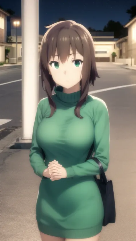 masterpiece, best quality, highres, Kazuma Satou, girl, Brown hair, Green Eyes, large breasts, sweater dress, long sleeves, turtleneck, outdoors, street, standing, cowboy shot, night