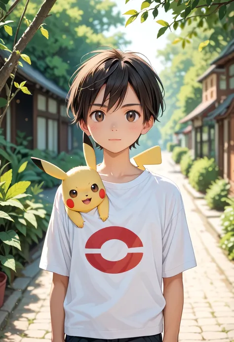 score_9,score_8_up,score_7_up,score_anime,cowboy shot,Idealized Forms,Natural Light,details background,blurry background,extremely detailed,(aga),red(pokemon),pikachu(pokemon),outdoor,green