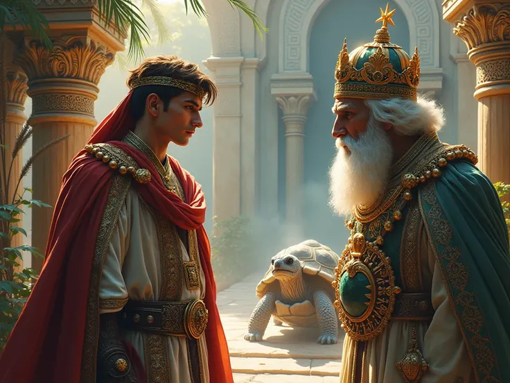 A handsome and powerful young Arab wearing the clothes of the Arab princes, with a white-bearded turtle, and a Sultan angry with him, imaginary colors, illustrations 